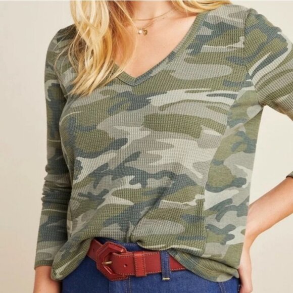 Anthropologie Camo Waffle Knit Thermal Green Sweater Top Size XS Boho Camouflage - Picture 2 of 12